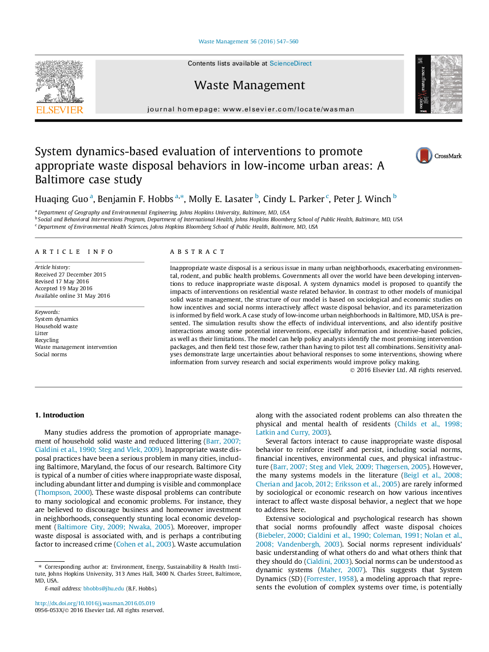 System dynamics-based evaluation of interventions to promote appropriate waste disposal behaviors in low-income urban areas: A Baltimore case study