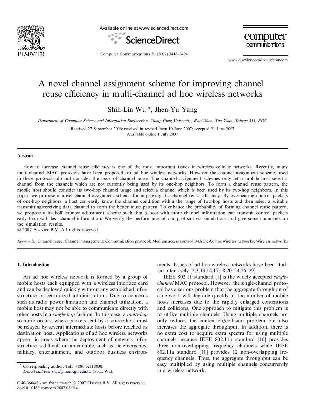 عکس صفحه اول مقاله: A novel channel assignment scheme for improving channel reuse efficiency in multi-channel ad hoc wireless networks A novel channel assignment scheme for improving channel reuse efficiency in multi-channel ad hoc wireless networks