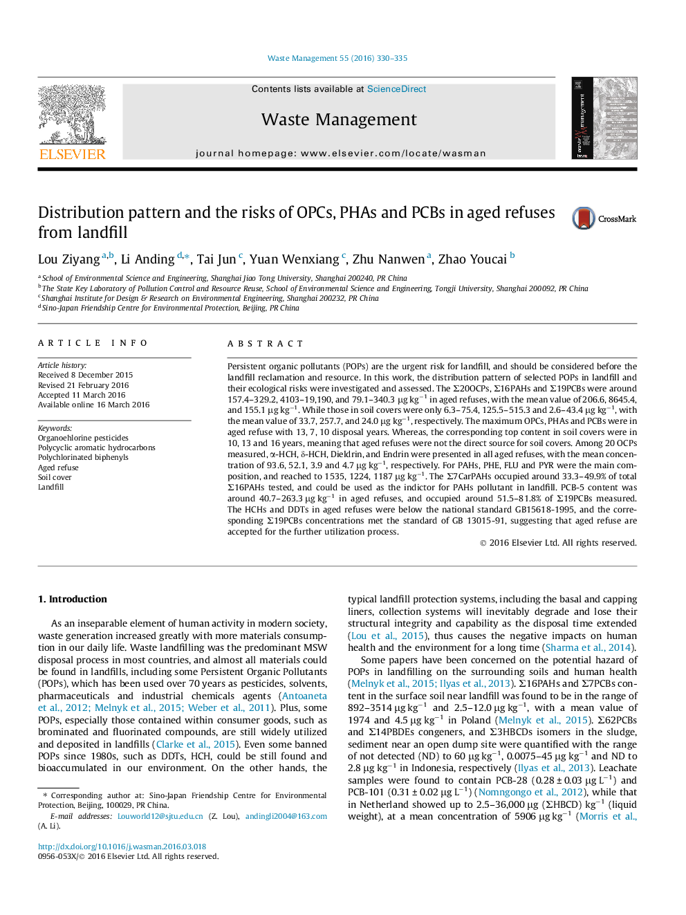 Distribution pattern and the risks of OPCs, PHAs and PCBs in aged refuses from landfill