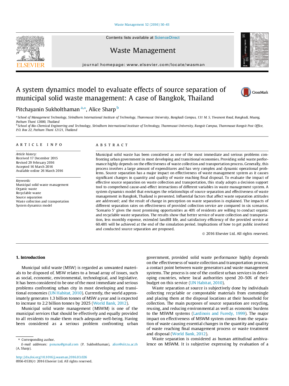 A system dynamics model to evaluate effects of source separation of municipal solid waste management: A case of Bangkok, Thailand