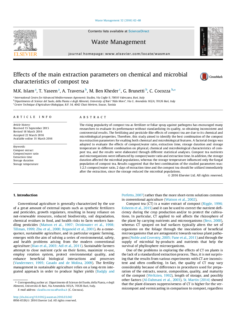 Effects of the main extraction parameters on chemical and microbial characteristics of compost tea