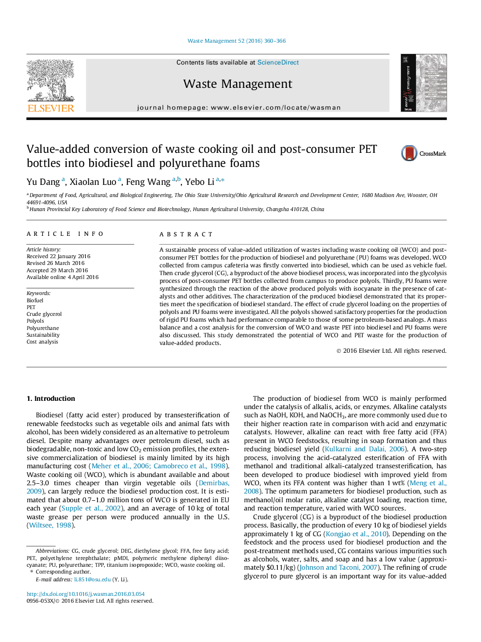 Value-added conversion of waste cooking oil and post-consumer PET bottles into biodiesel and polyurethane foams