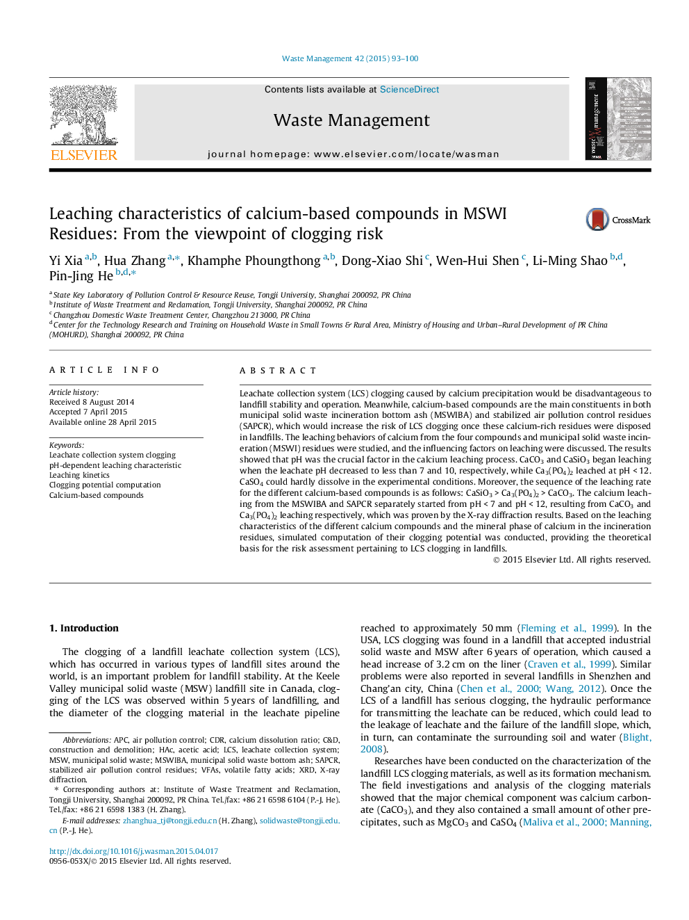 Leaching characteristics of calcium-based compounds in MSWI Residues: From the viewpoint of clogging risk