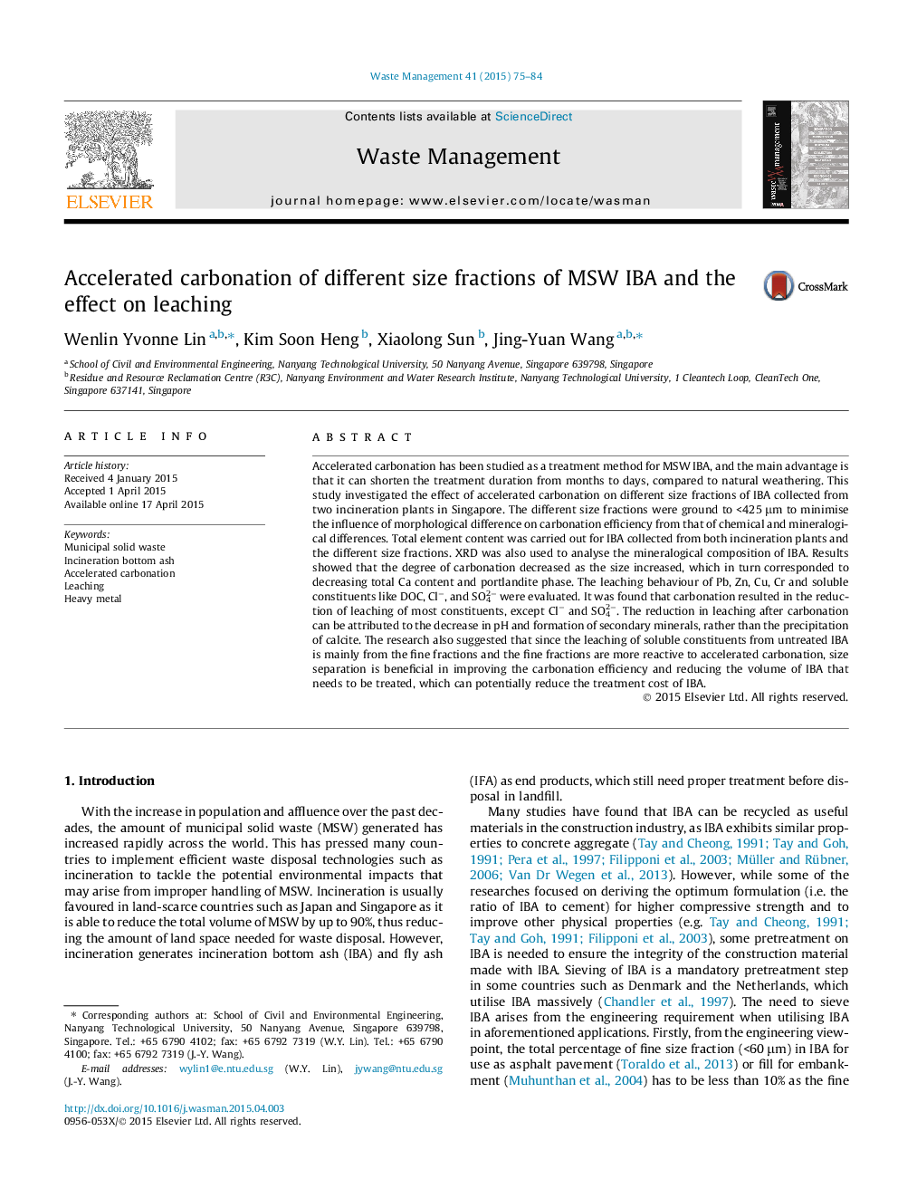 Accelerated carbonation of different size fractions of MSW IBA and the effect on leaching