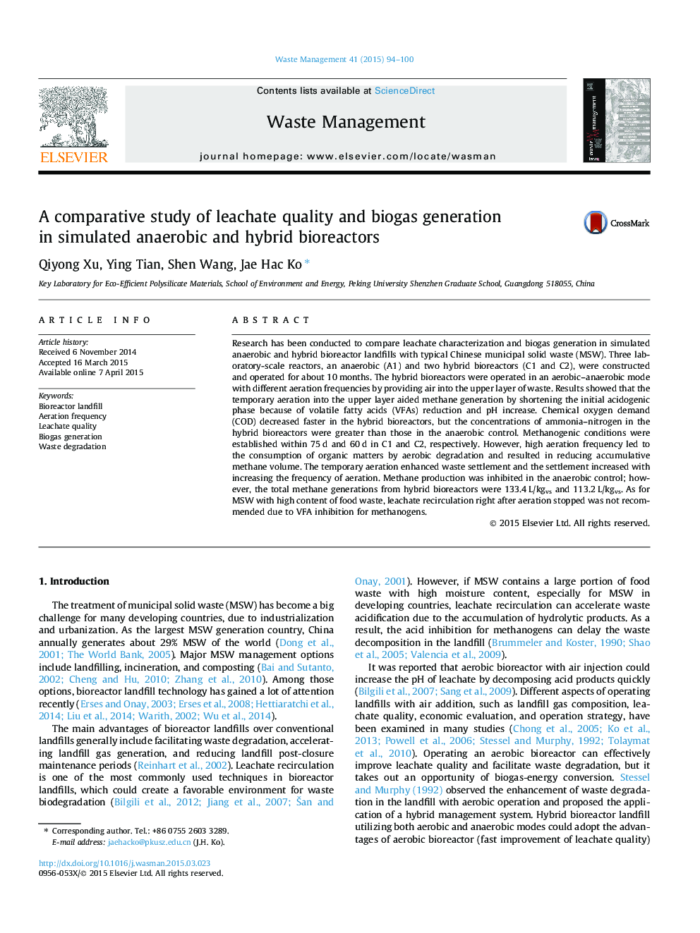 A comparative study of leachate quality and biogas generation in simulated anaerobic and hybrid bioreactors