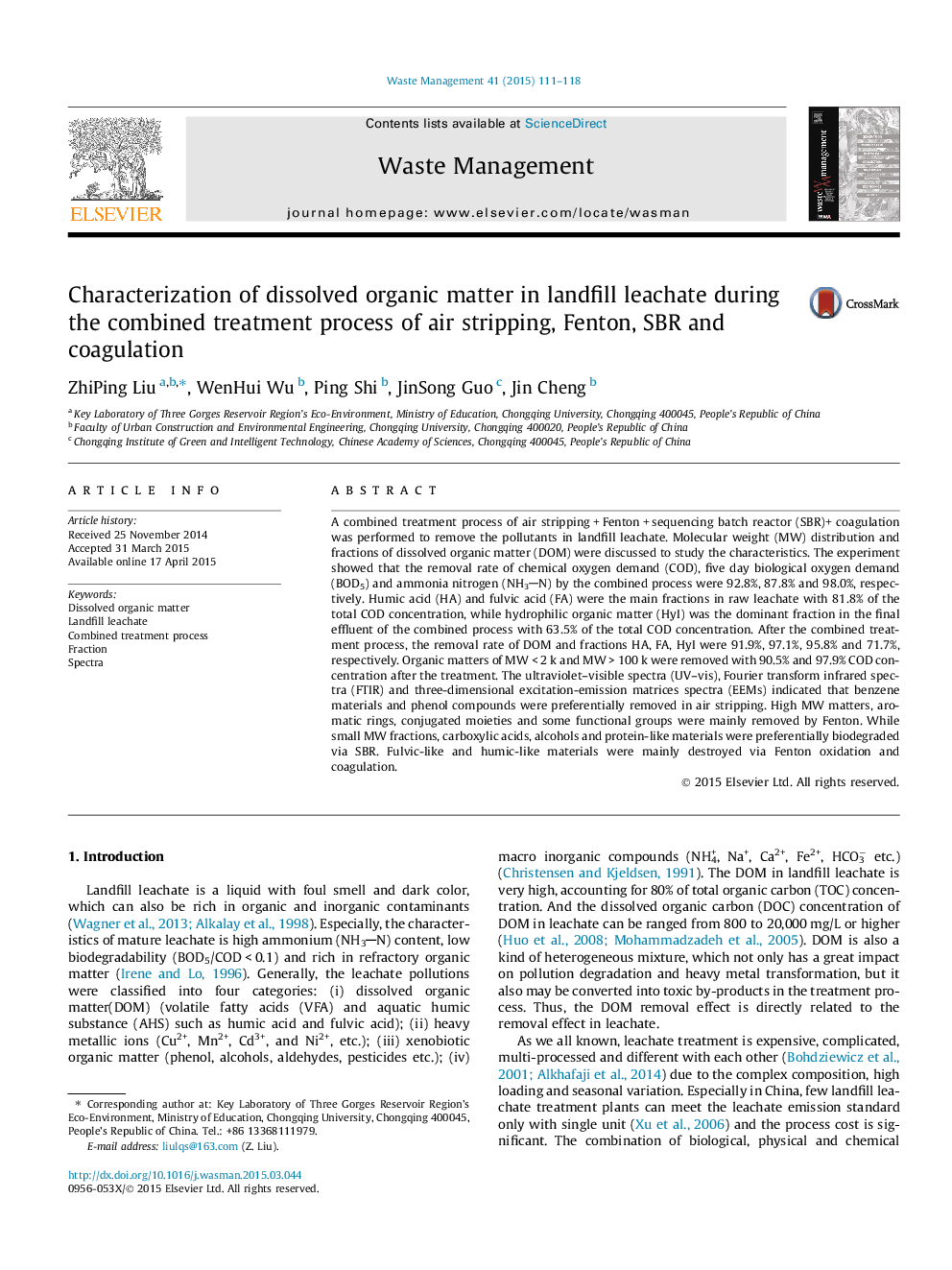 Characterization of dissolved organic matter in landfill leachate during the combined treatment process of air stripping, Fenton, SBR and coagulation