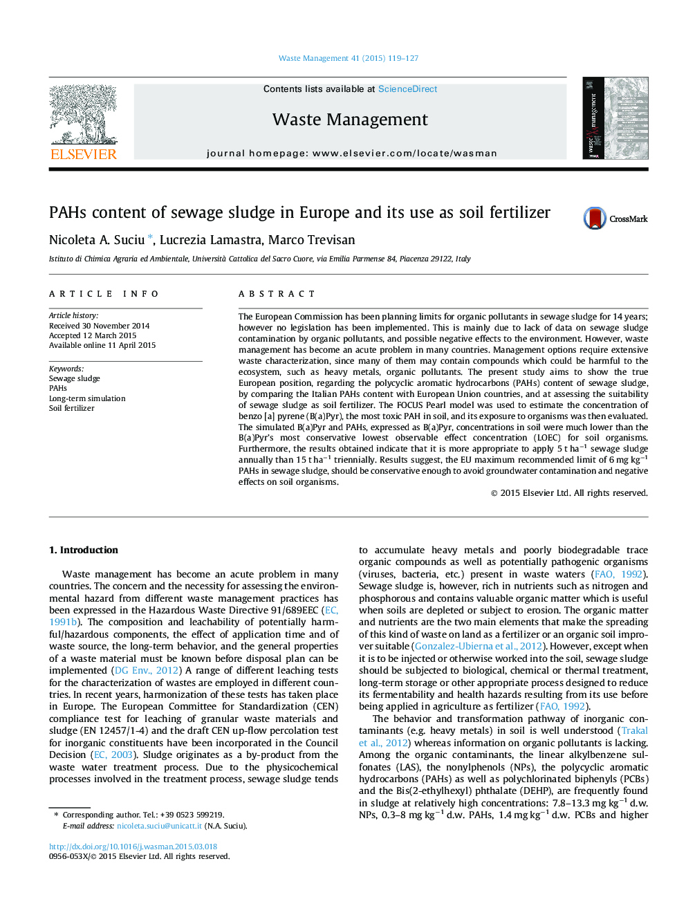 PAHs content of sewage sludge in Europe and its use as soil fertilizer