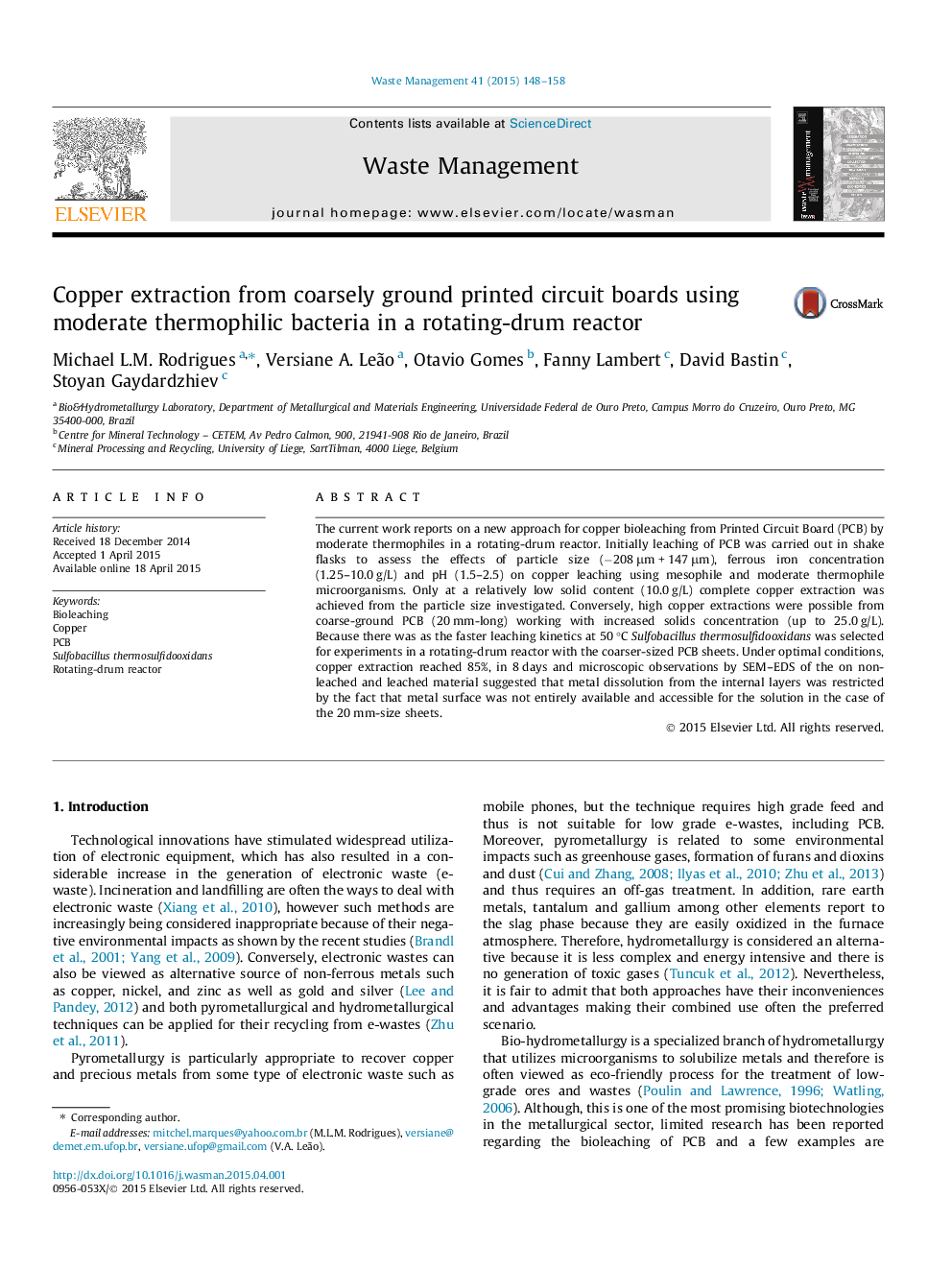 Copper extraction from coarsely ground printed circuit boards using moderate thermophilic bacteria in a rotating-drum reactor