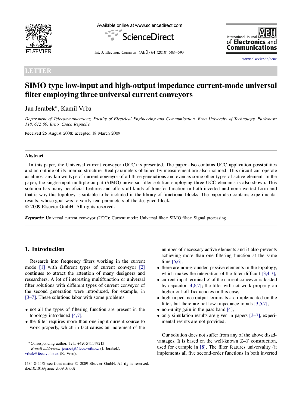 SIMO type low-input and high-output impedance current-mode universal filter employing three universal current conveyors