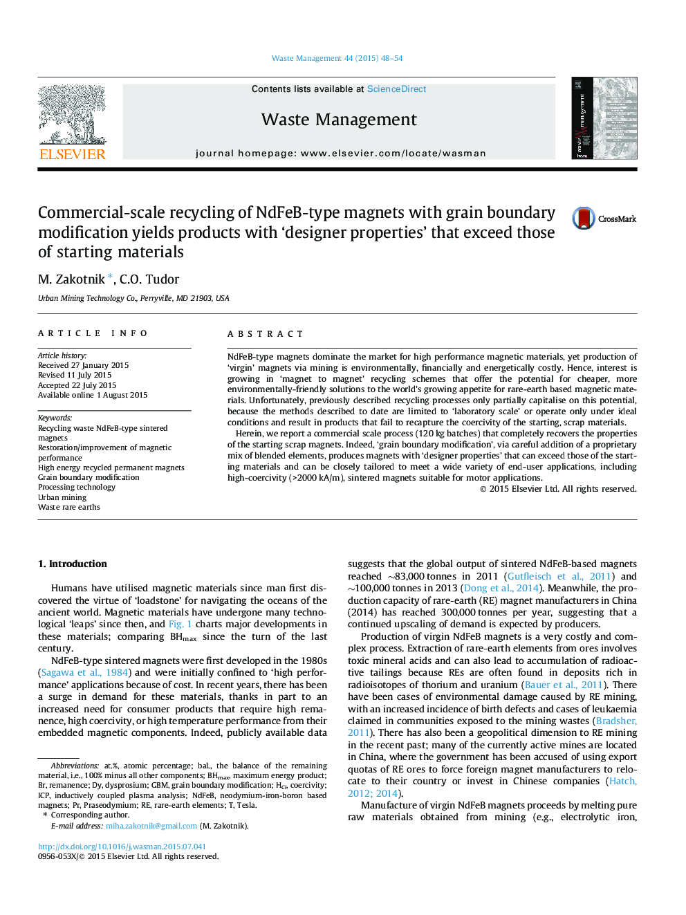 Commercial-scale recycling of NdFeB-type magnets with grain boundary modification yields products with ‘designer properties’ that exceed those of starting materials