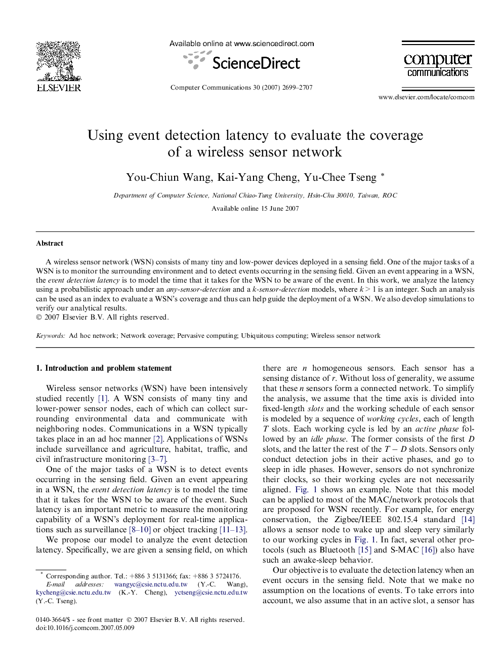 Using event detection latency to evaluate the coverage of a wireless sensor network