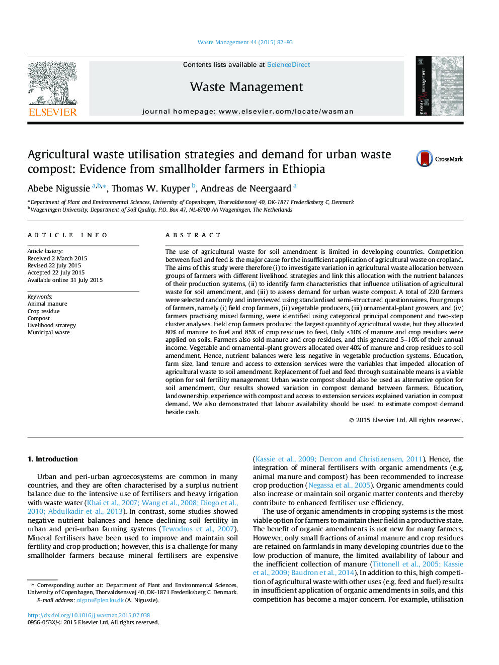 Agricultural waste utilisation strategies and demand for urban waste compost: Evidence from smallholder farmers in Ethiopia