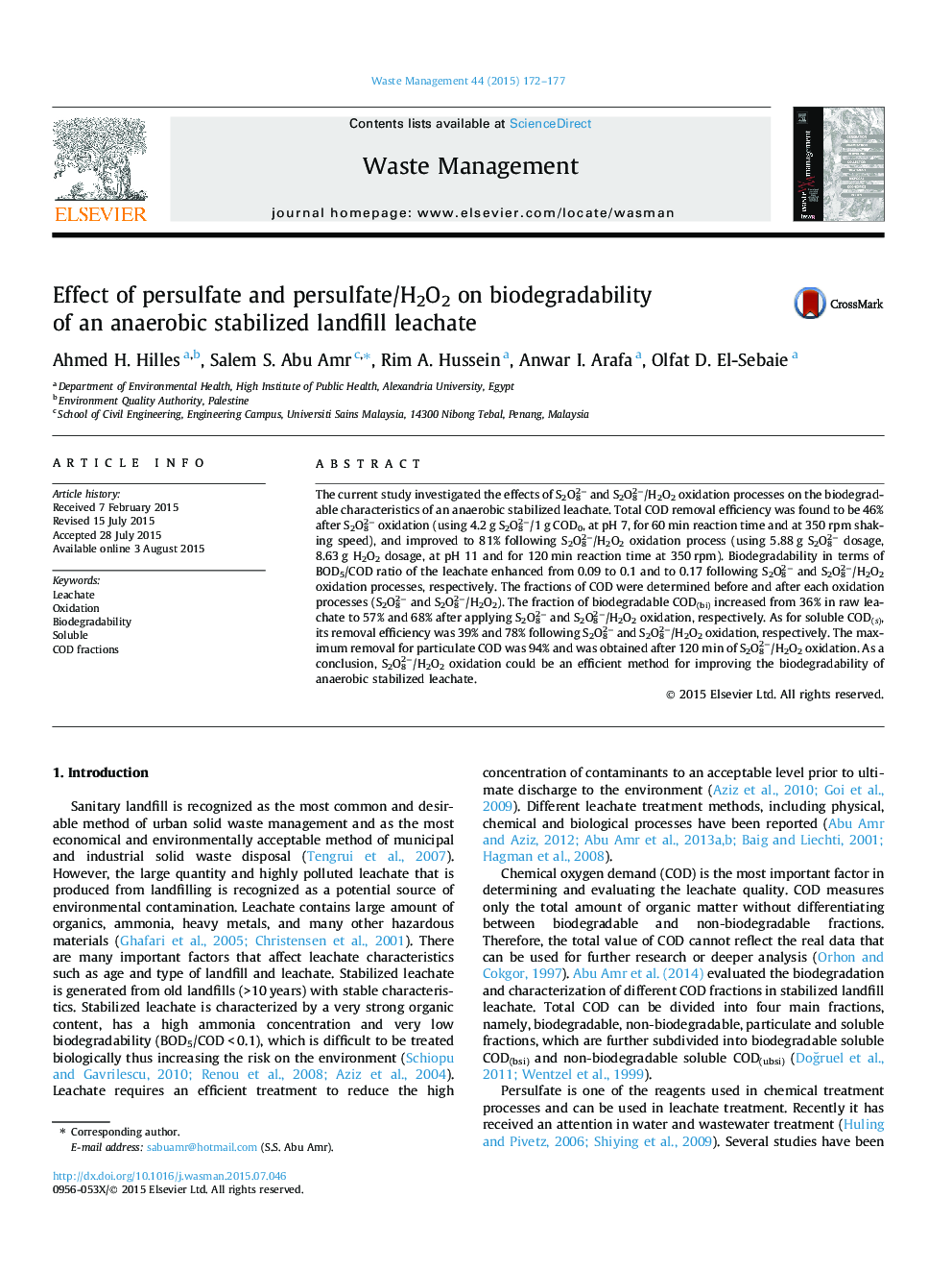 Effect of persulfate and persulfate/H2O2 on biodegradability of an anaerobic stabilized landfill leachate