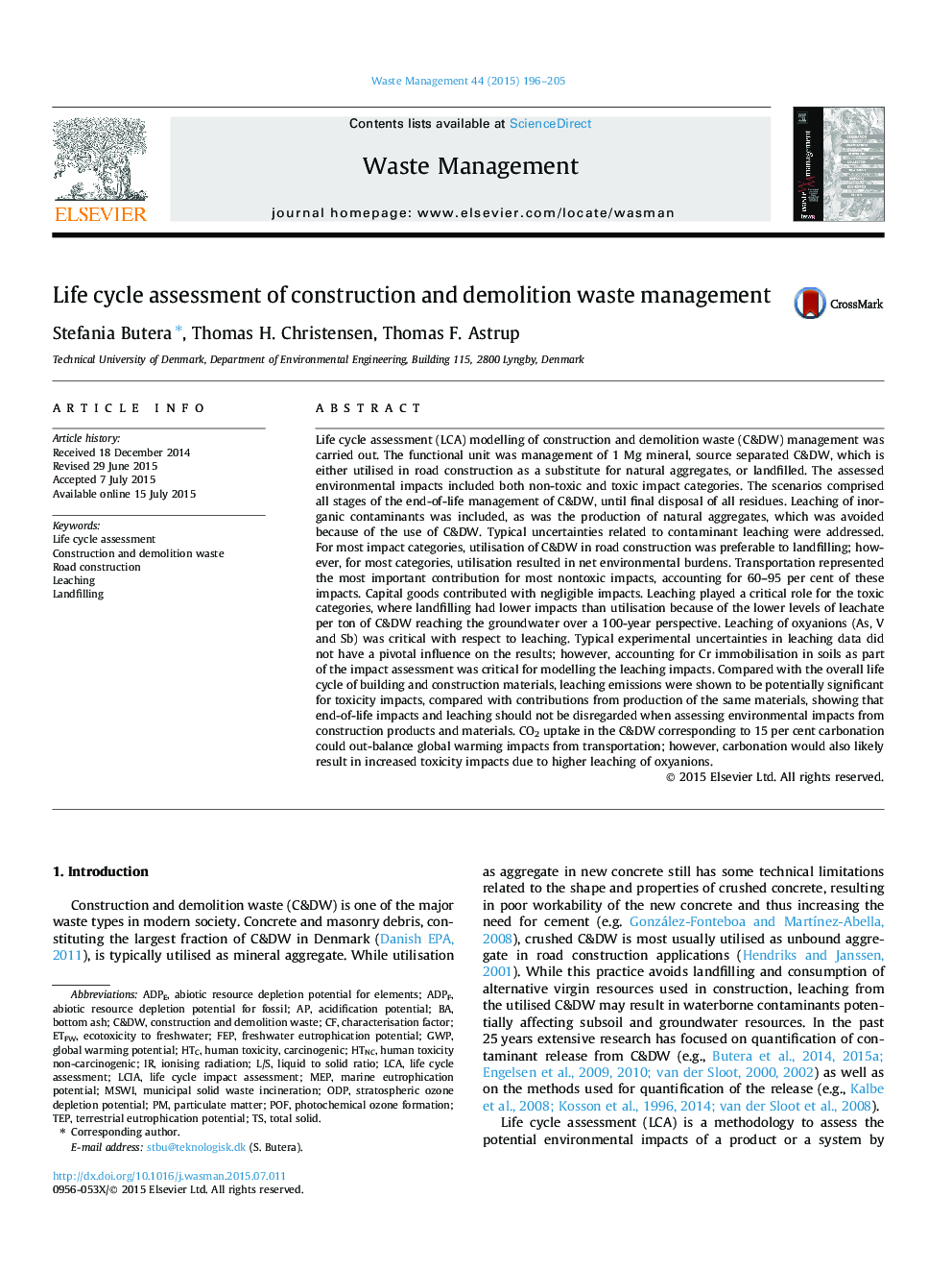 Life cycle assessment of construction and demolition waste management