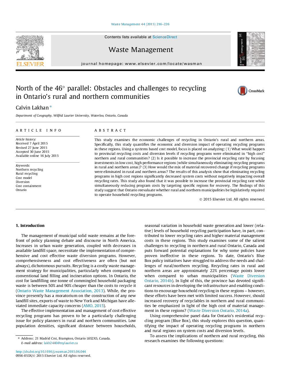 North of the 46° parallel: Obstacles and challenges to recycling in Ontario’s rural and northern communities