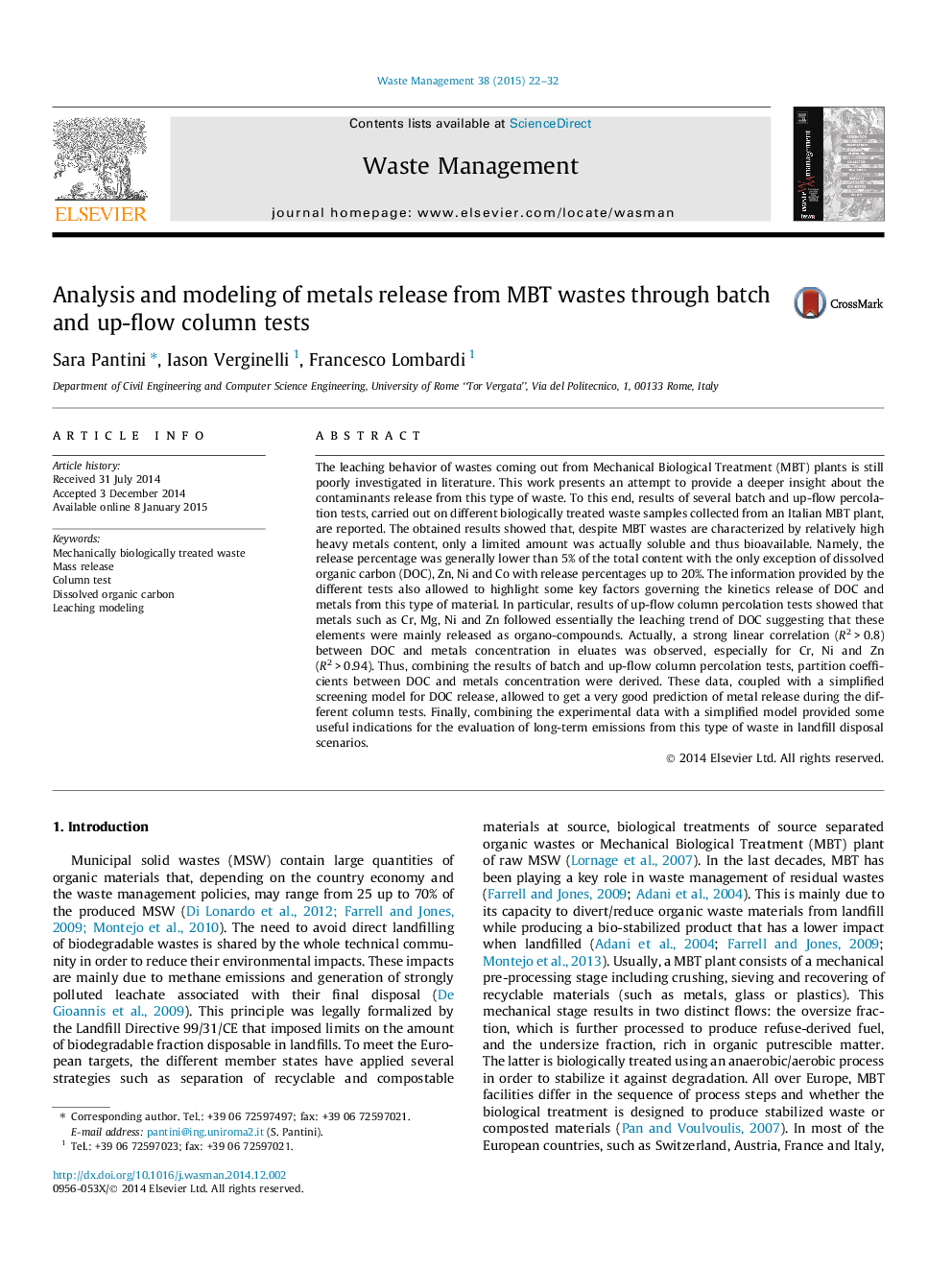 Analysis and modeling of metals release from MBT wastes through batch and up-flow column tests