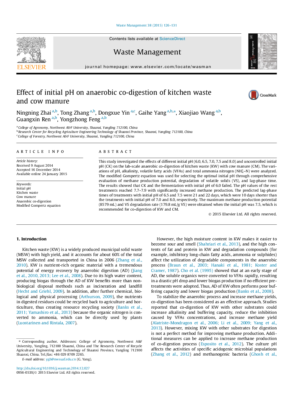 عکس صفحه اول مقاله: Effect of initial pH on anaerobic co-digestion of kitchen waste and cow manure Effect of initial pH on anaerobic co-digestion of kitchen waste and cow manure