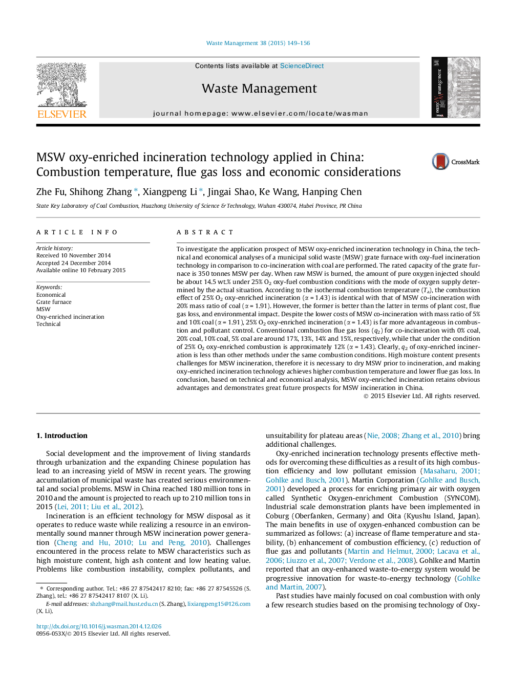 MSW oxy-enriched incineration technology applied in China: Combustion temperature, flue gas loss and economic considerations