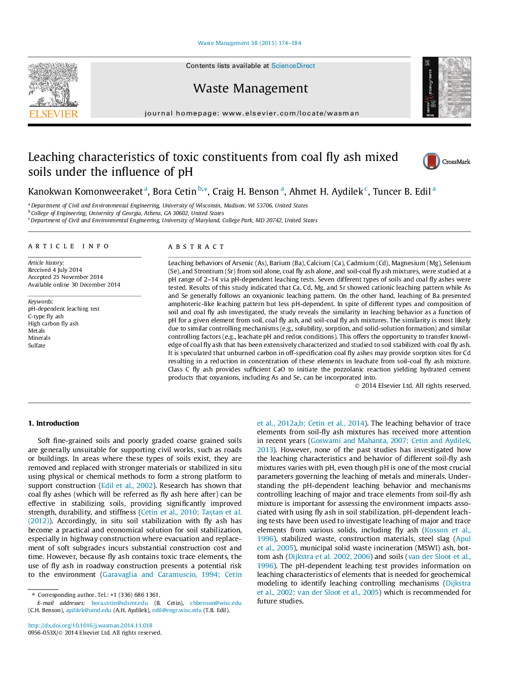 Leaching characteristics of toxic constituents from coal fly ash mixed soils under the influence of pH