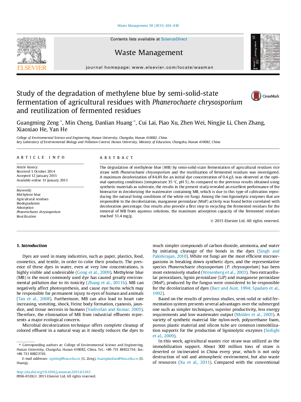 Study of the degradation of methylene blue by semi-solid-state fermentation of agricultural residues with Phanerochaete chrysosporium and reutilization of fermented residues