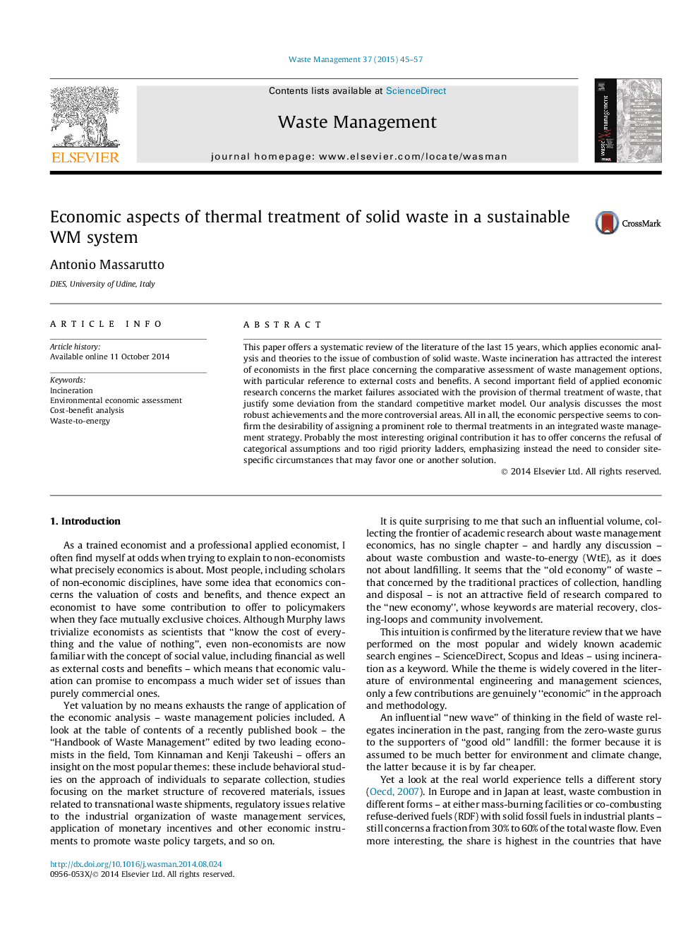 Economic aspects of thermal treatment of solid waste in a sustainable WM system