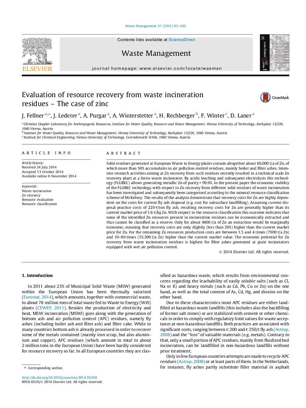 Evaluation of resource recovery from waste incineration residues – The case of zinc