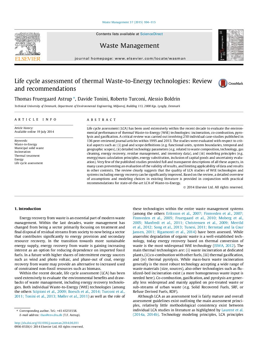 Life cycle assessment of thermal Waste-to-Energy technologies: Review and recommendations