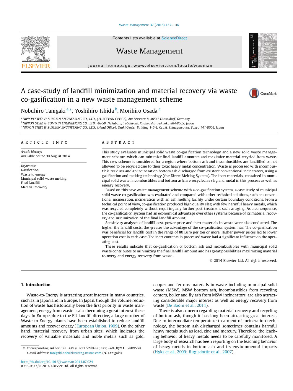 A case-study of landfill minimization and material recovery via waste co-gasification in a new waste management scheme