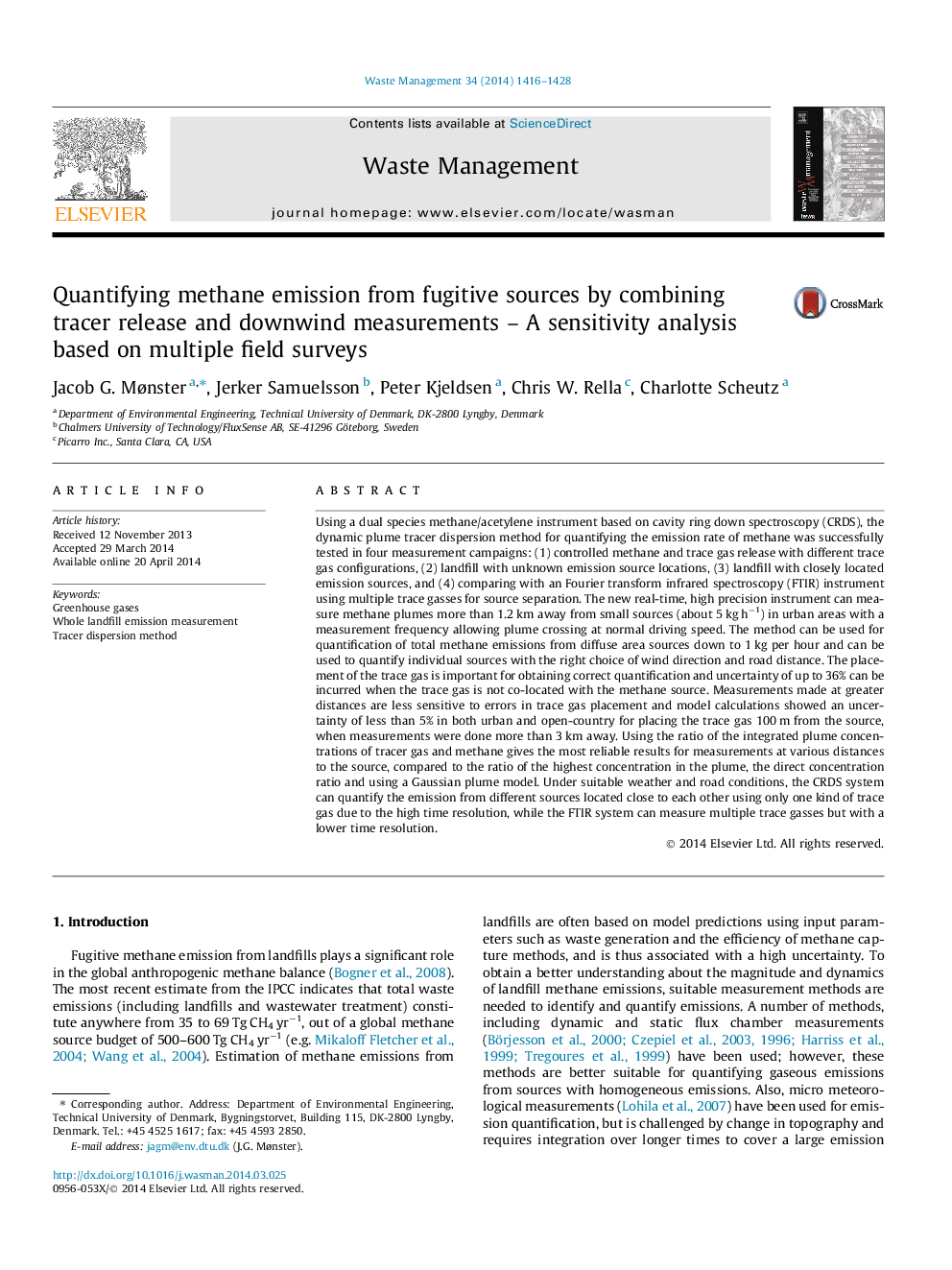 اندازه گیری میزان انتشار متان از منابع فراری از طریق ترکیب ردیاب آزمایشی و اندازه گیری های پایین موج تجزیه و تحلیل حساسیت بر اساس نظرسنجی چندین زمینه 