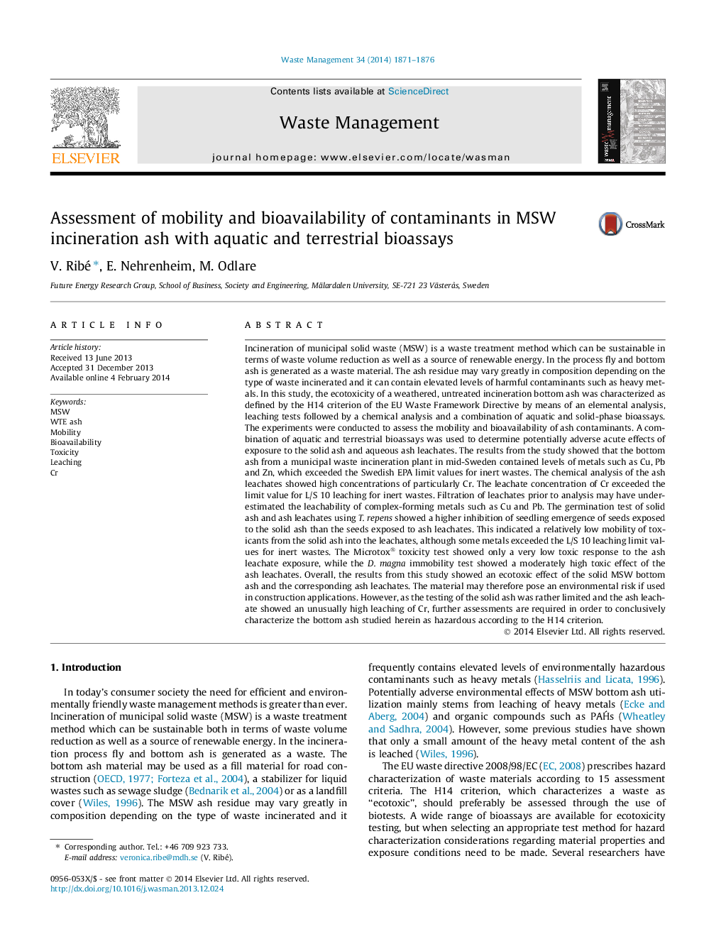 Assessment of mobility and bioavailability of contaminants in MSW incineration ash with aquatic and terrestrial bioassays