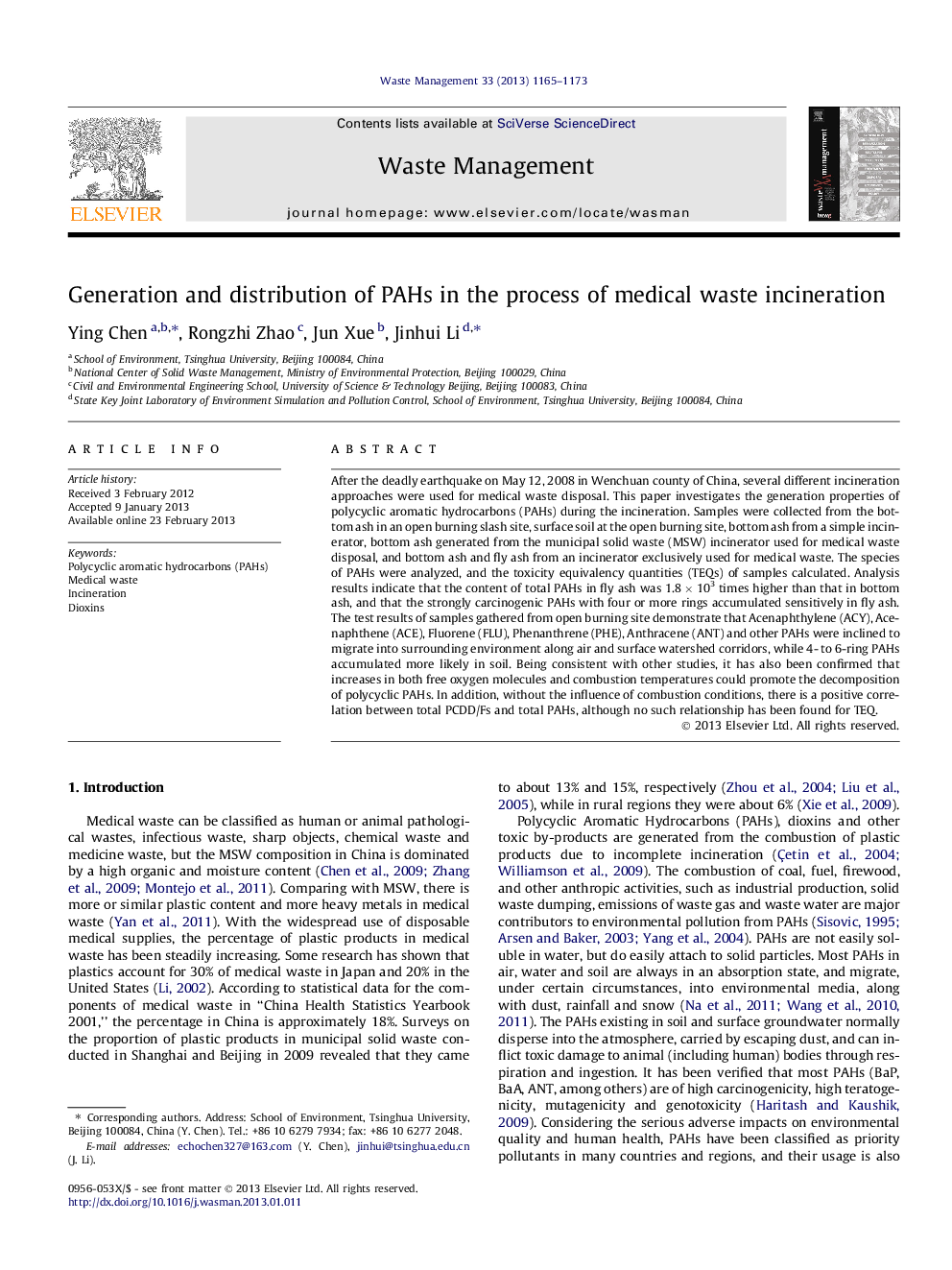 Generation and distribution of PAHs in the process of medical waste incineration