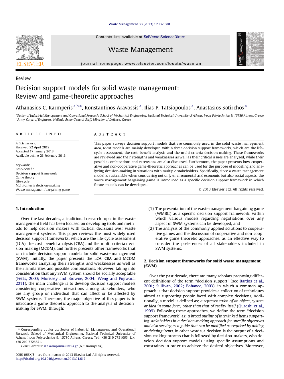 Decision support models for solid waste management: Review and game-theoretic approaches