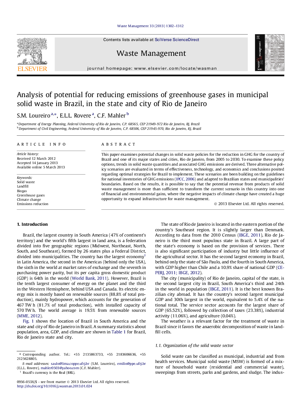 Analysis of potential for reducing emissions of greenhouse gases in municipal solid waste in Brazil, in the state and city of Rio de Janeiro