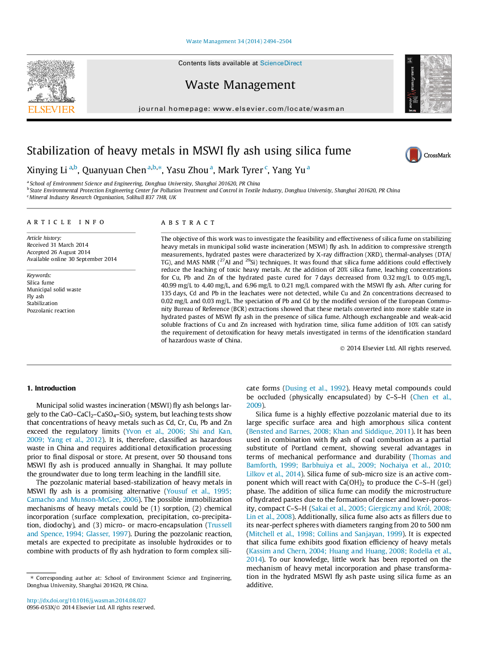 Stabilization of heavy metals in MSWI fly ash using silica fume