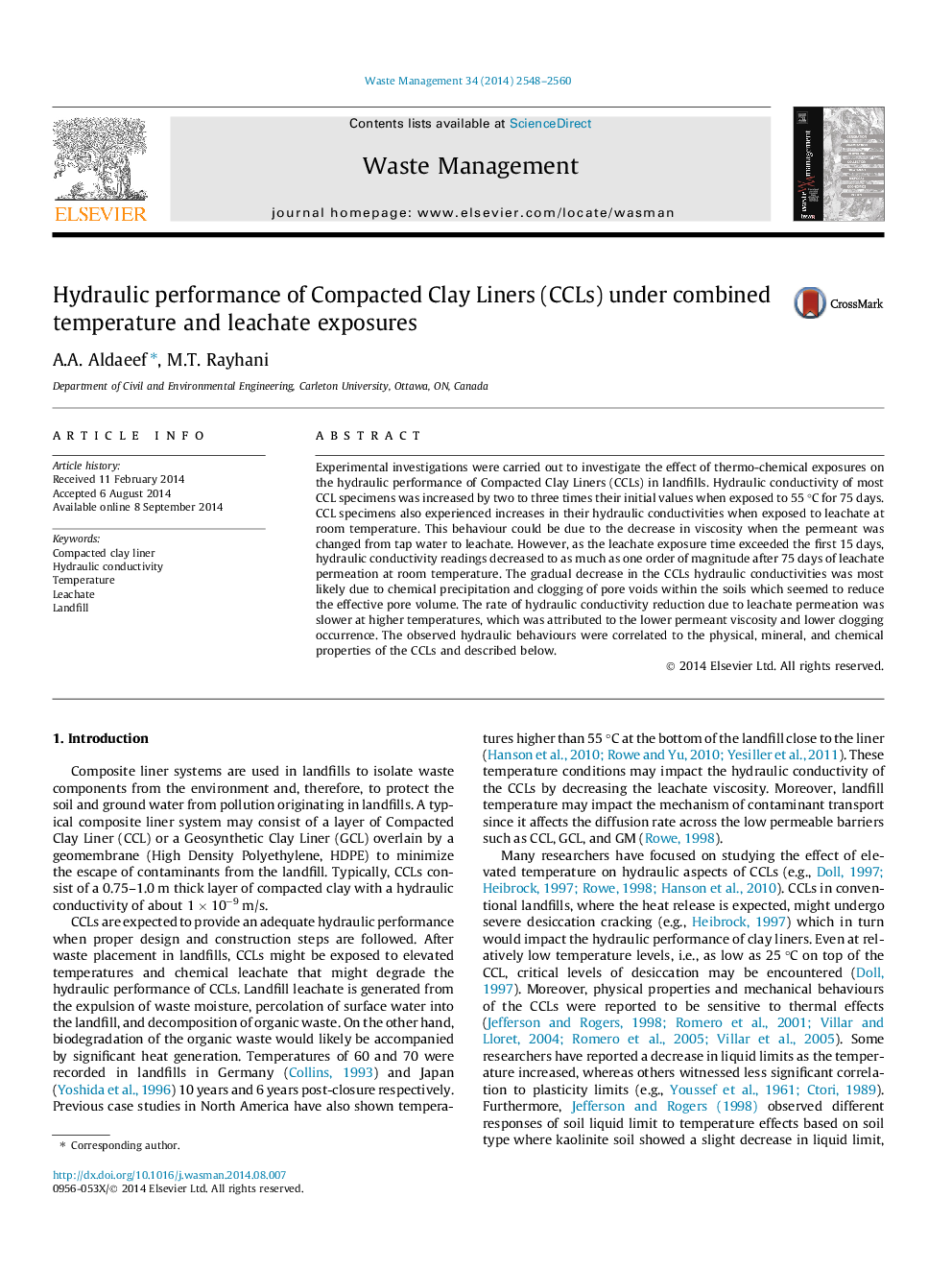 Hydraulic performance of Compacted Clay Liners (CCLs) under combined temperature and leachate exposures