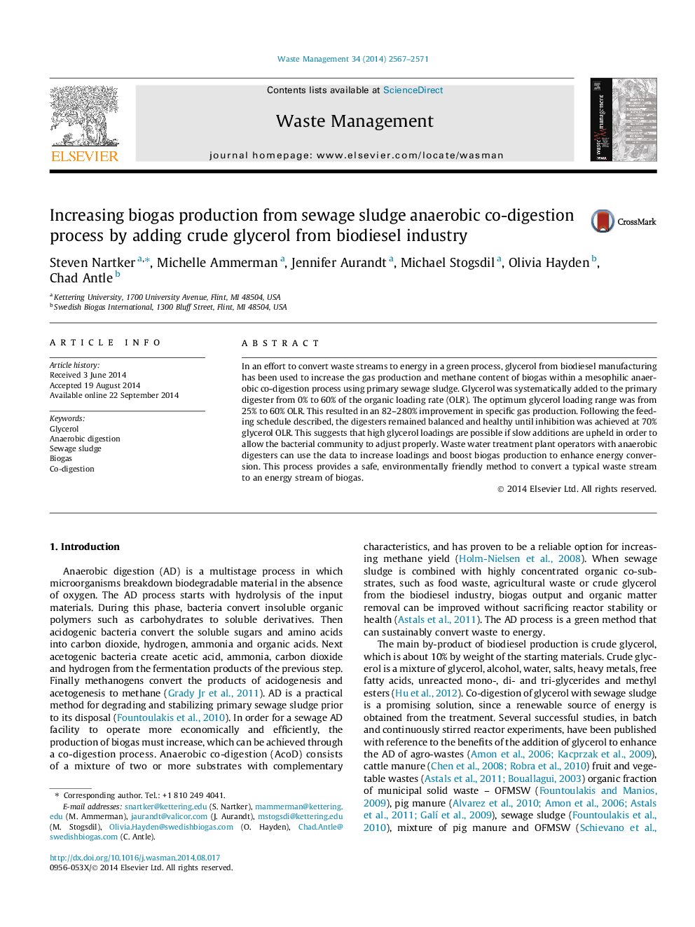 Increasing biogas production from sewage sludge anaerobic co-digestion process by adding crude glycerol from biodiesel industry