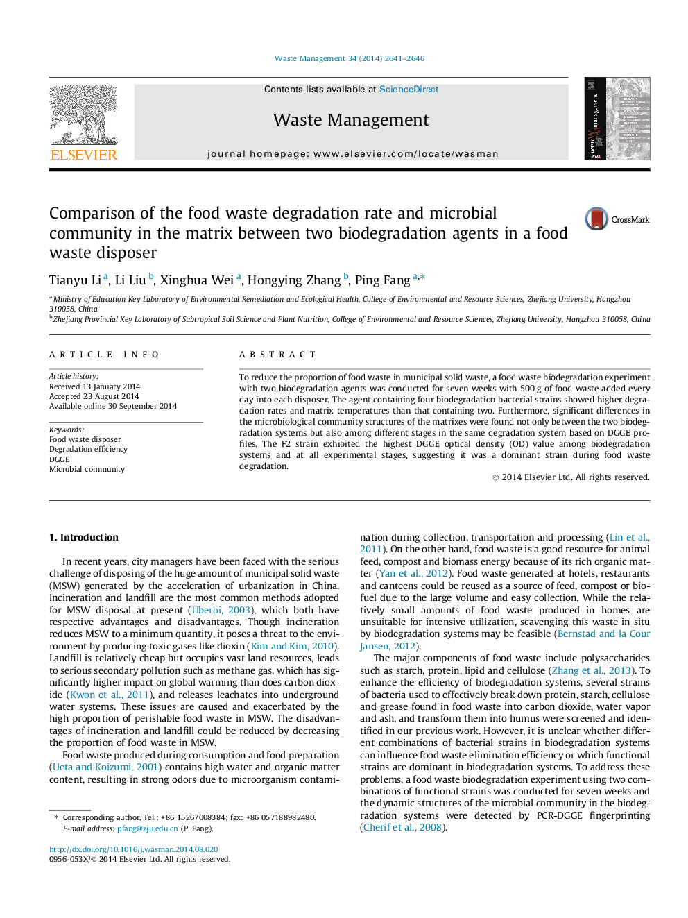 Comparison of the food waste degradation rate and microbial community in the matrix between two biodegradation agents in a food waste disposer