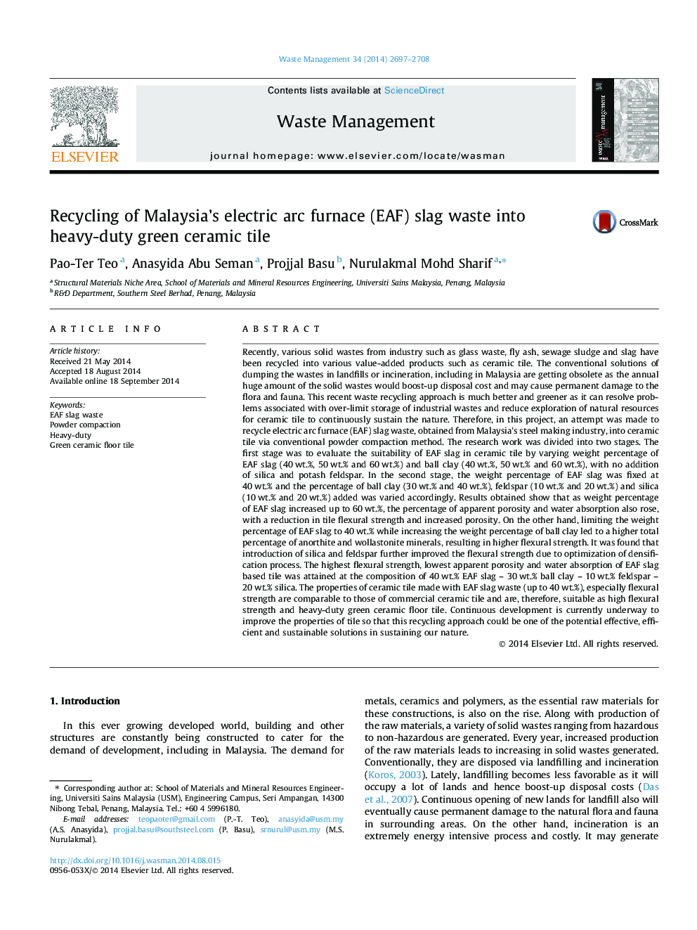 Recycling of Malaysia’s electric arc furnace (EAF) slag waste into heavy-duty green ceramic tile