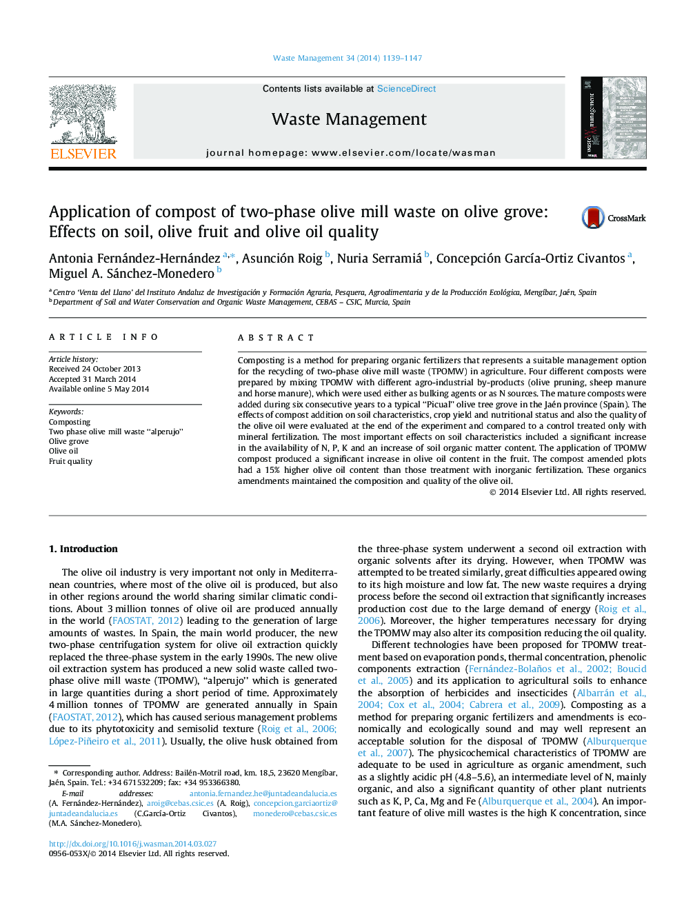 Application of compost of two-phase olive mill waste on olive grove: Effects on soil, olive fruit and olive oil quality