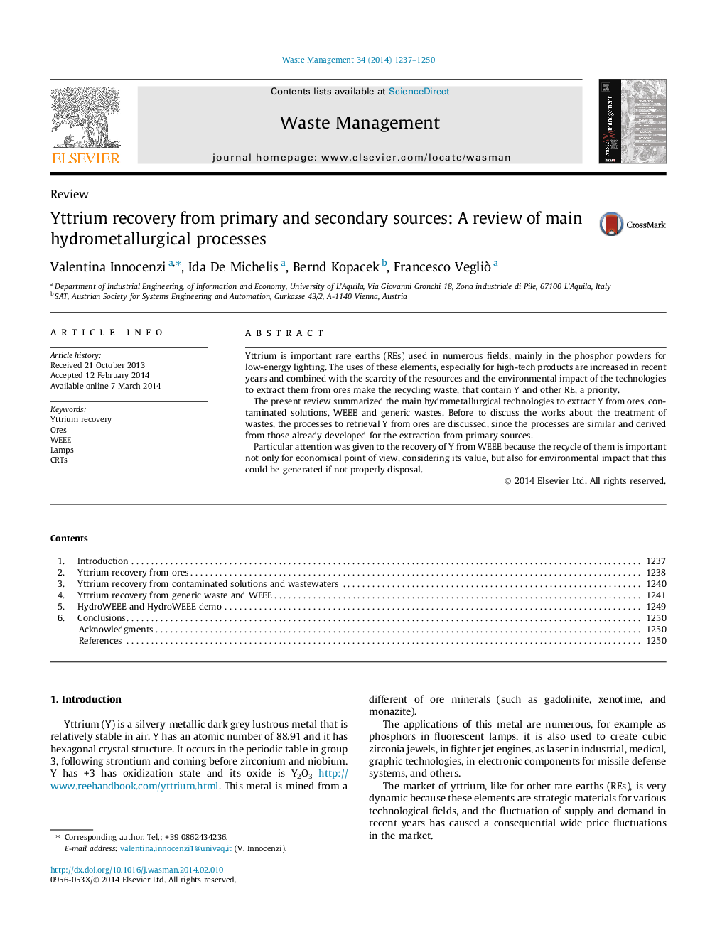 Yttrium recovery from primary and secondary sources: A review of main hydrometallurgical processes