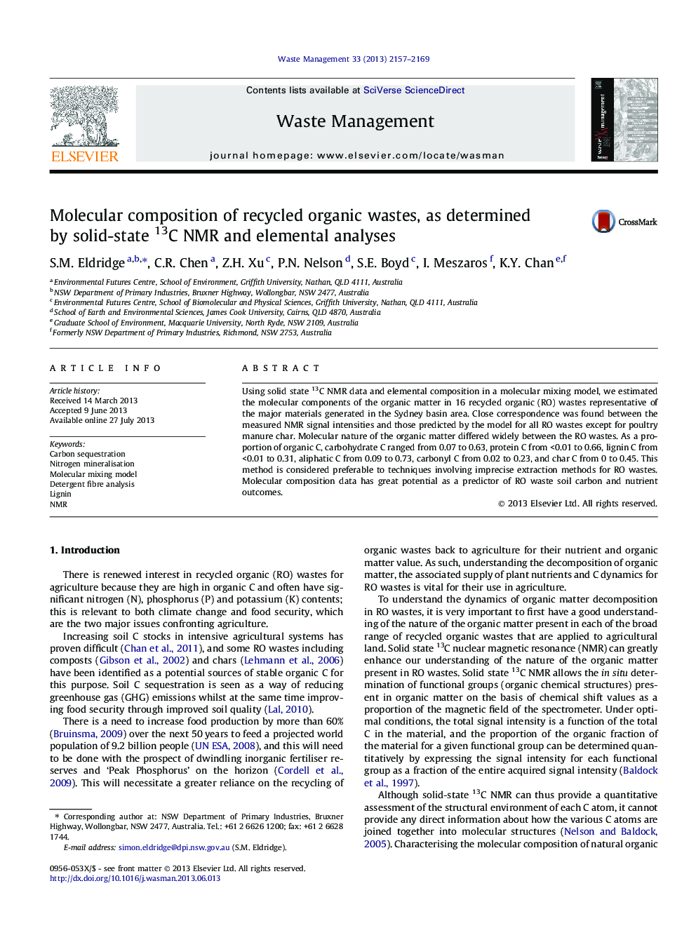 Molecular composition of recycled organic wastes, as determined by solid-state 13C NMR and elemental analyses