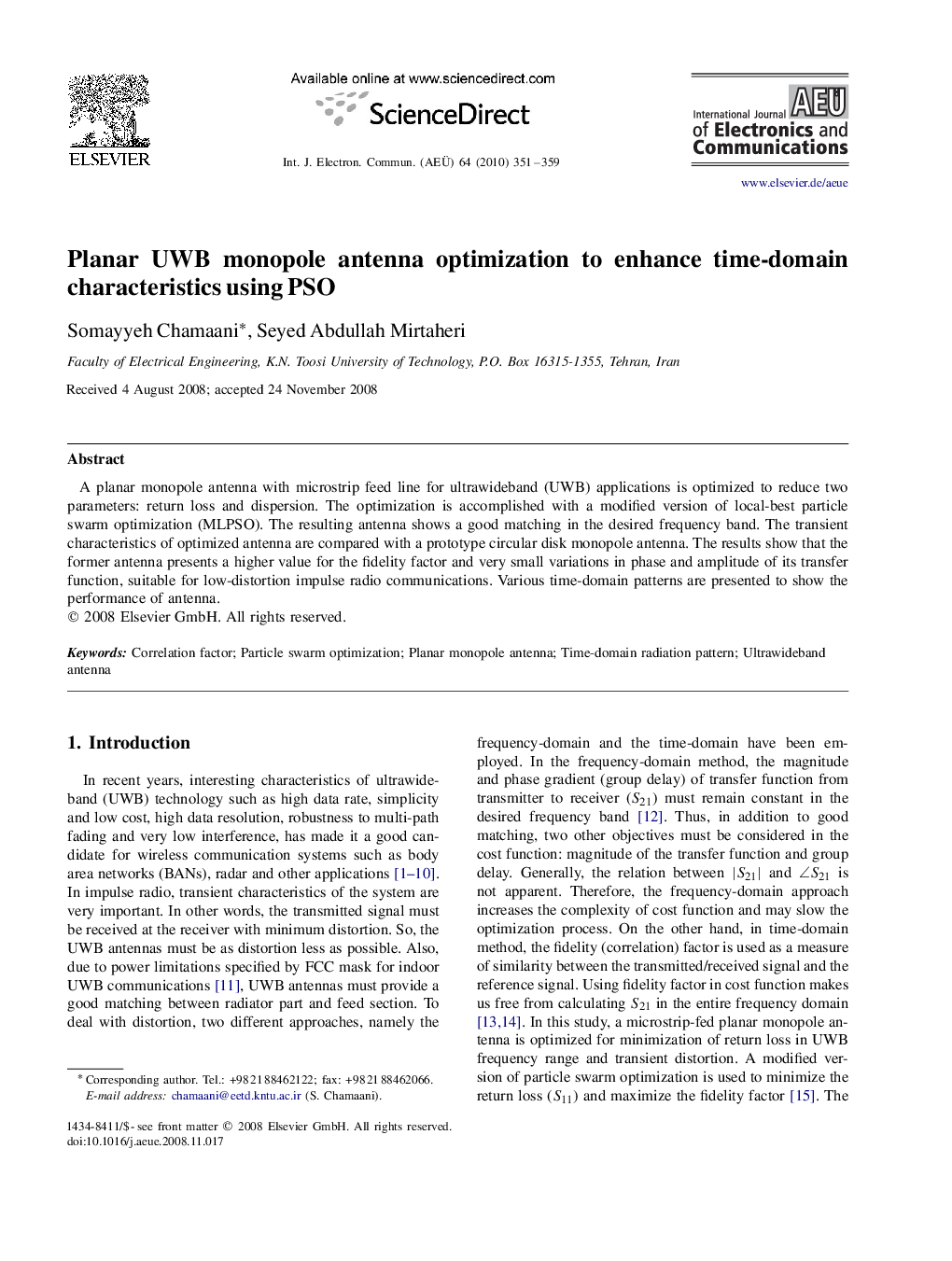 Planar UWB monopole antenna optimization to enhance time-domain characteristics using PSO