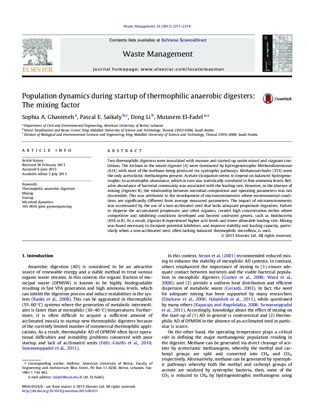 Population dynamics during startup of thermophilic anaerobic digesters: The mixing factor