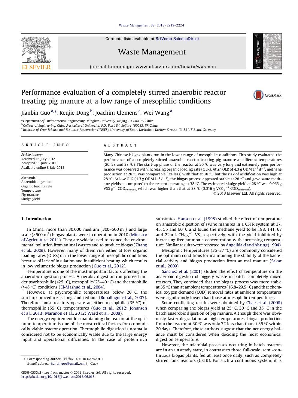 Performance evaluation of a completely stirred anaerobic reactor treating pig manure at a low range of mesophilic conditions