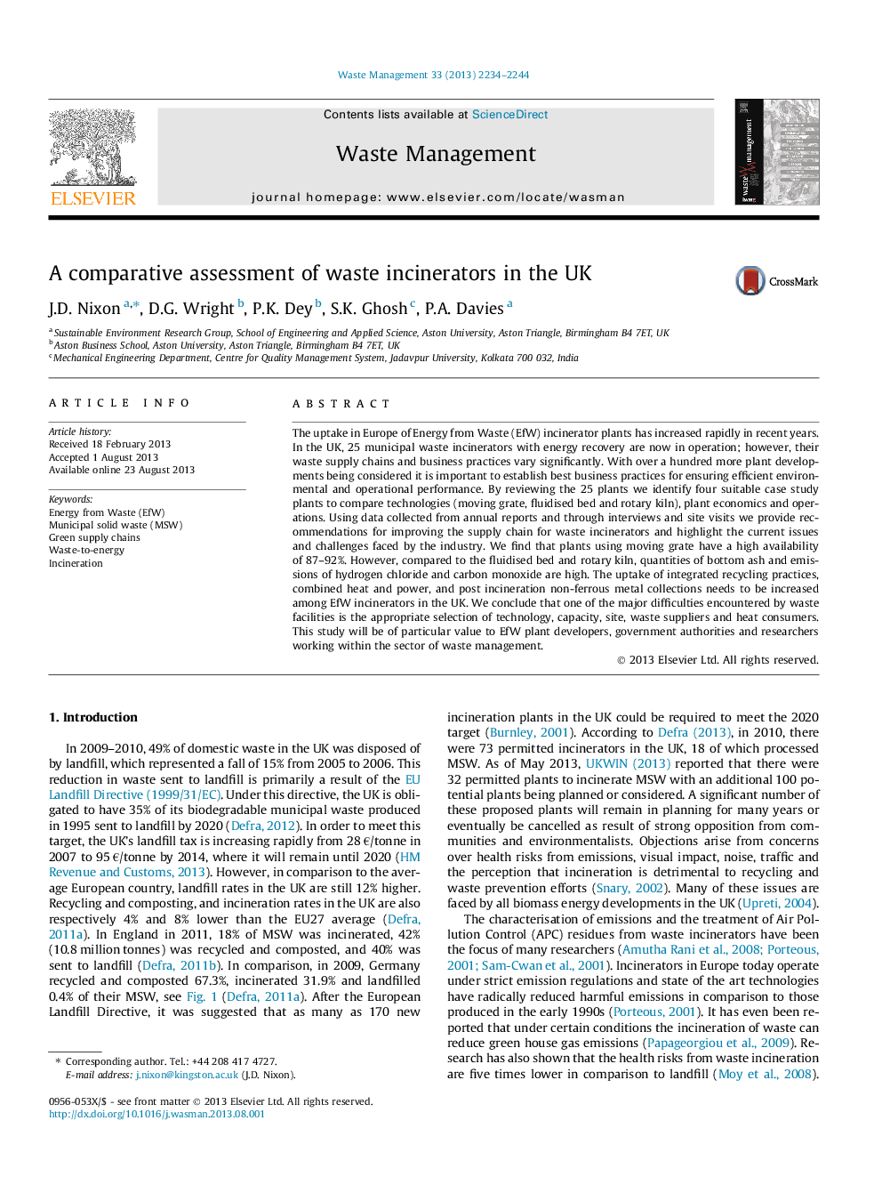 A comparative assessment of waste incinerators in the UK