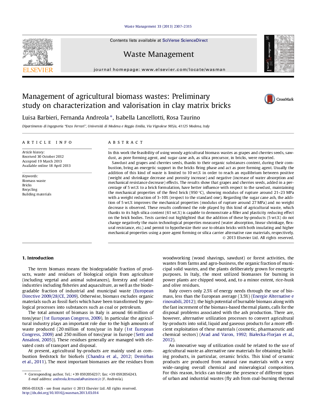 Management of agricultural biomass wastes: Preliminary study on characterization and valorisation in clay matrix bricks