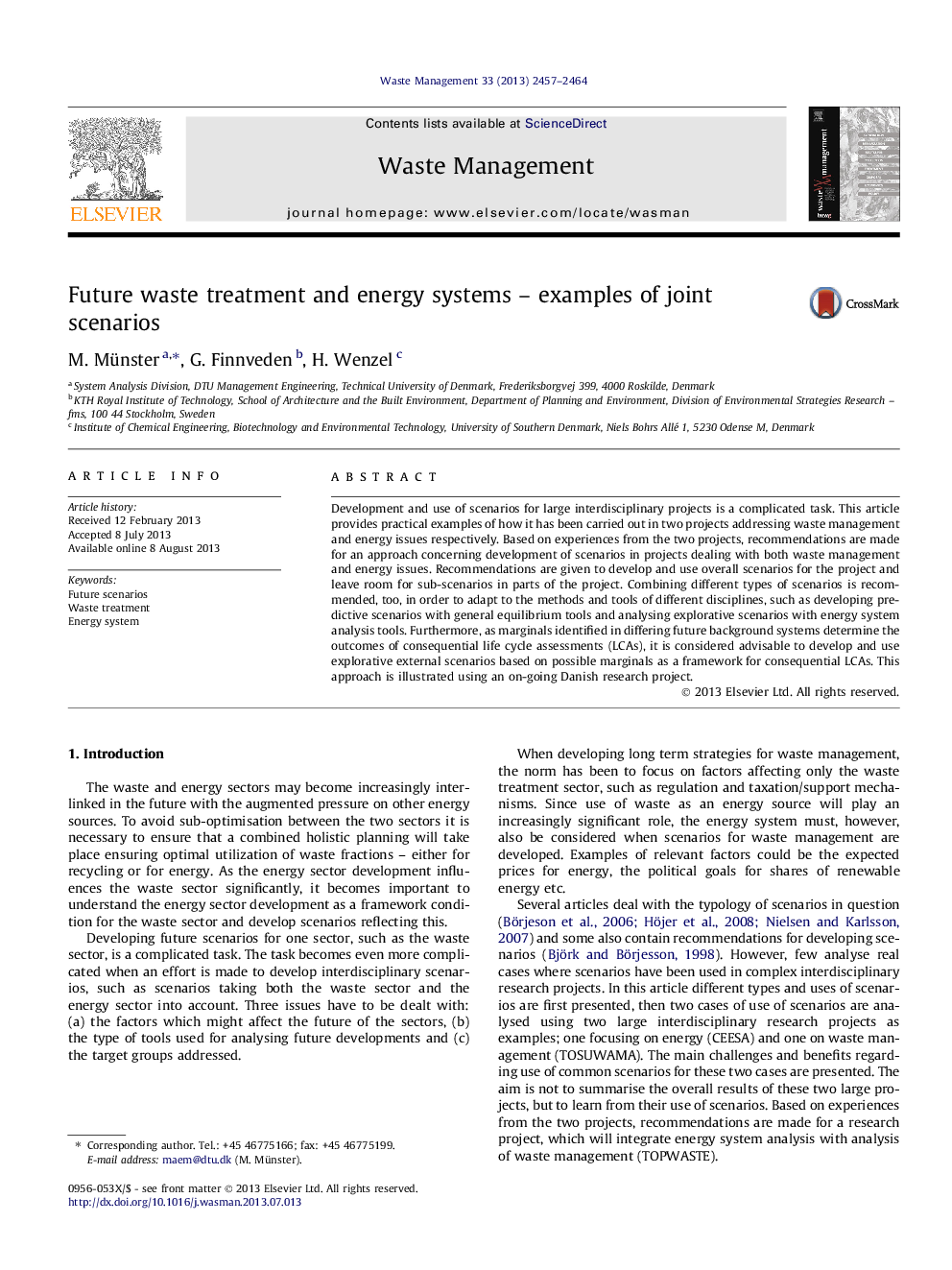 Future waste treatment and energy systems – examples of joint scenarios