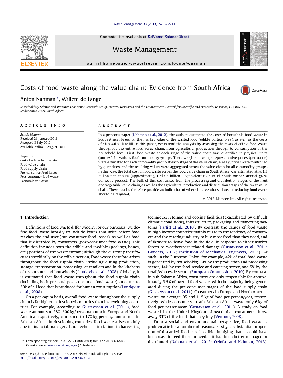 Costs of food waste along the value chain: Evidence from South Africa