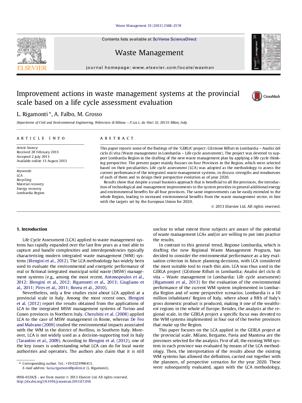 Improvement actions in waste management systems at the provincial scale based on a life cycle assessment evaluation