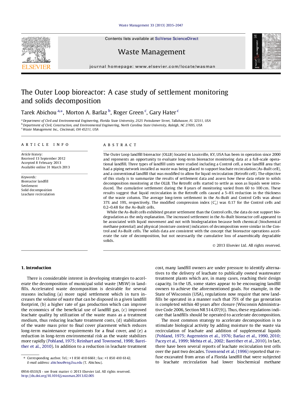 The Outer Loop bioreactor: A case study of settlement monitoring and solids decomposition